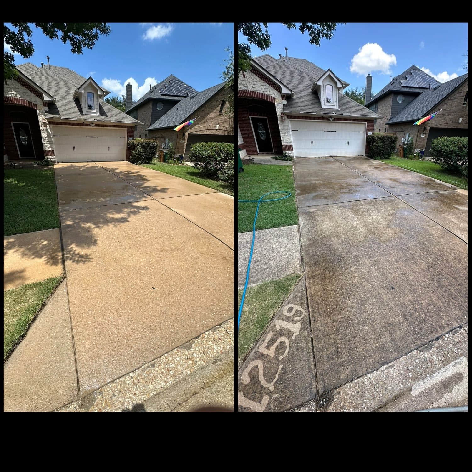 A two-tone driveway showing dirty concrete beside freshly pressure-washed concrete in the Austin, TX area
