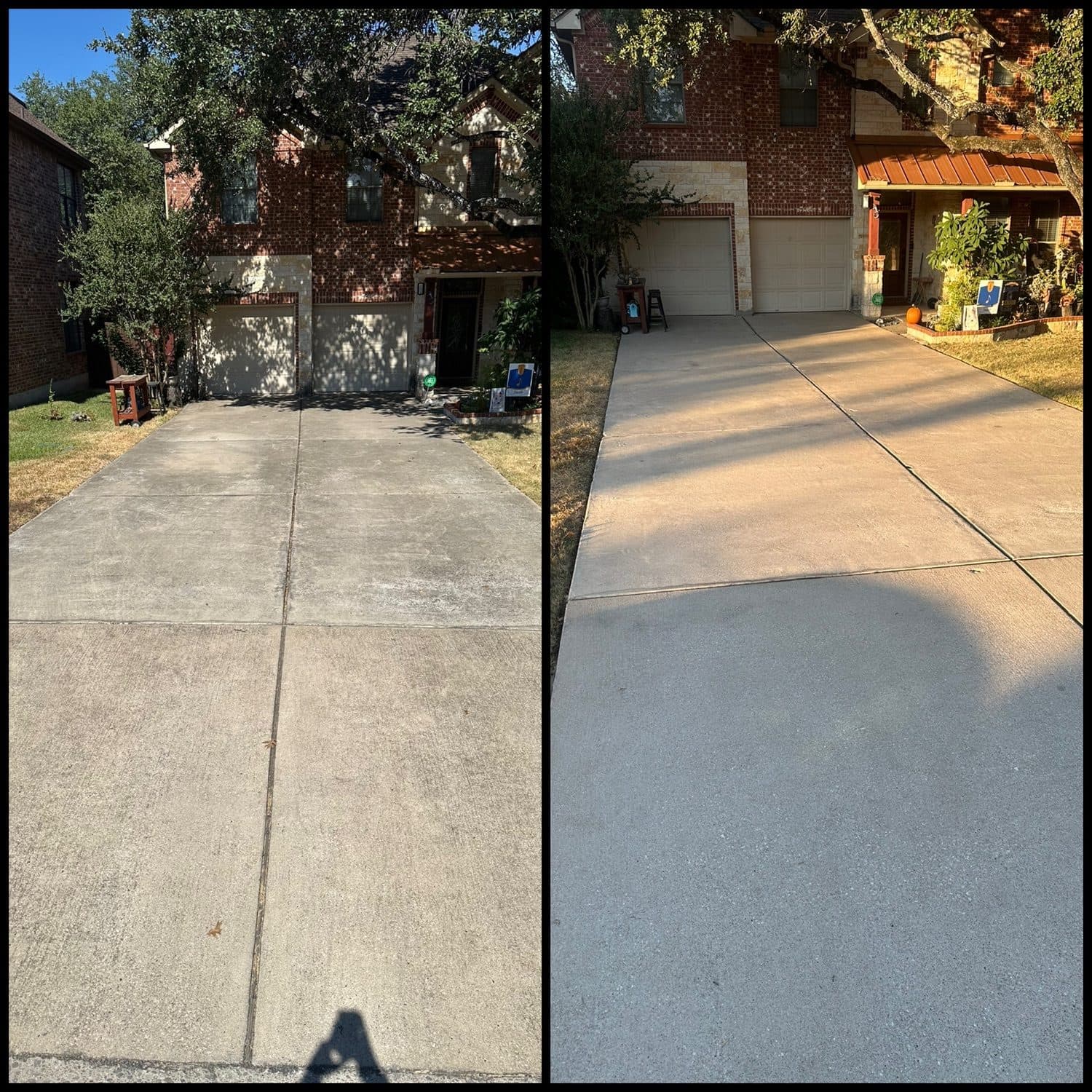 A driveway in front of a brick home before and after pressure washing in the Austin, TX area