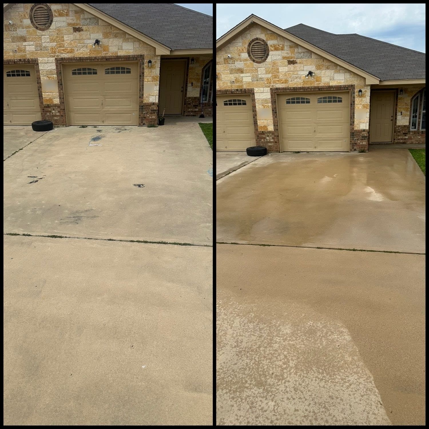 A concrete driveway with oil stains before and clean after pressure washing in the Austin, TX area