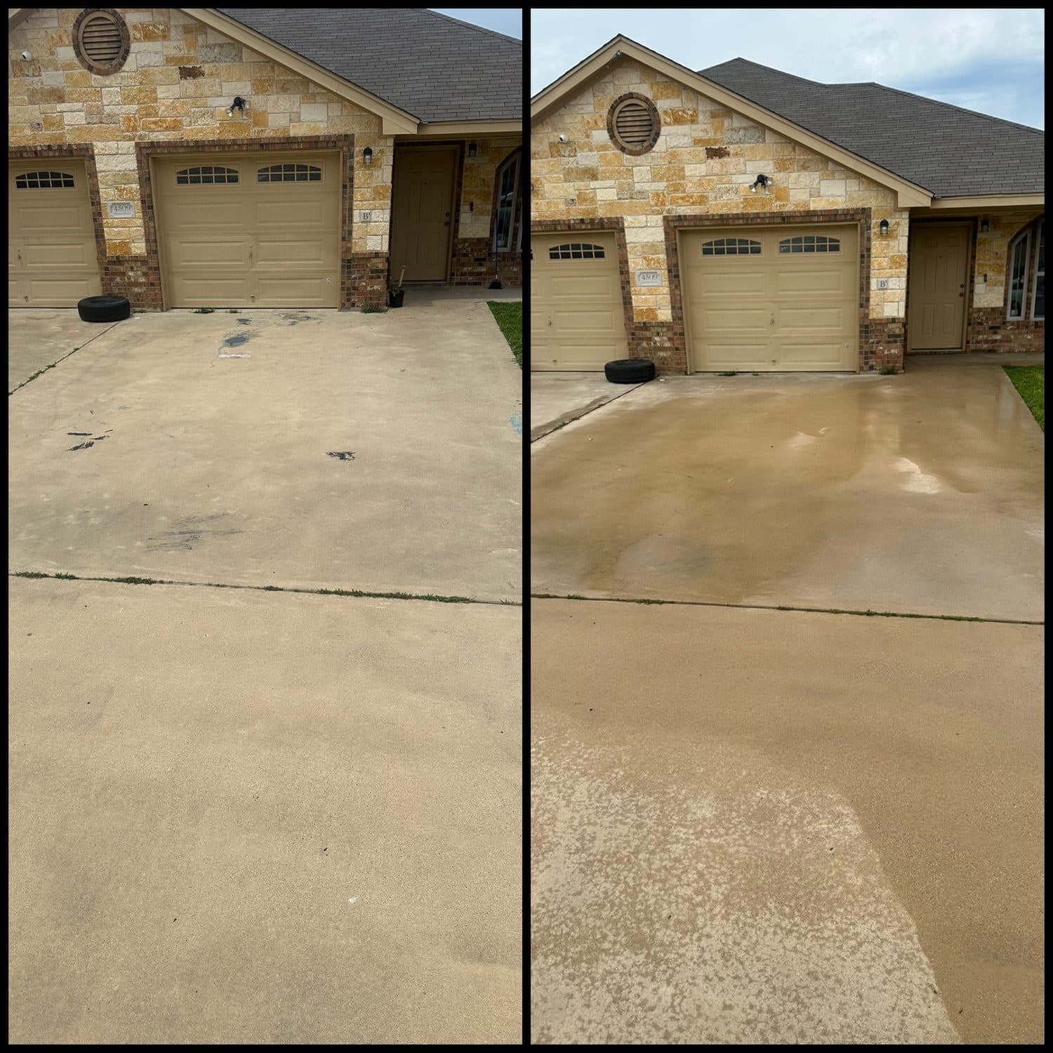 A concrete driveway with oil stains before and clean after pressure washing in the Austin, TX area