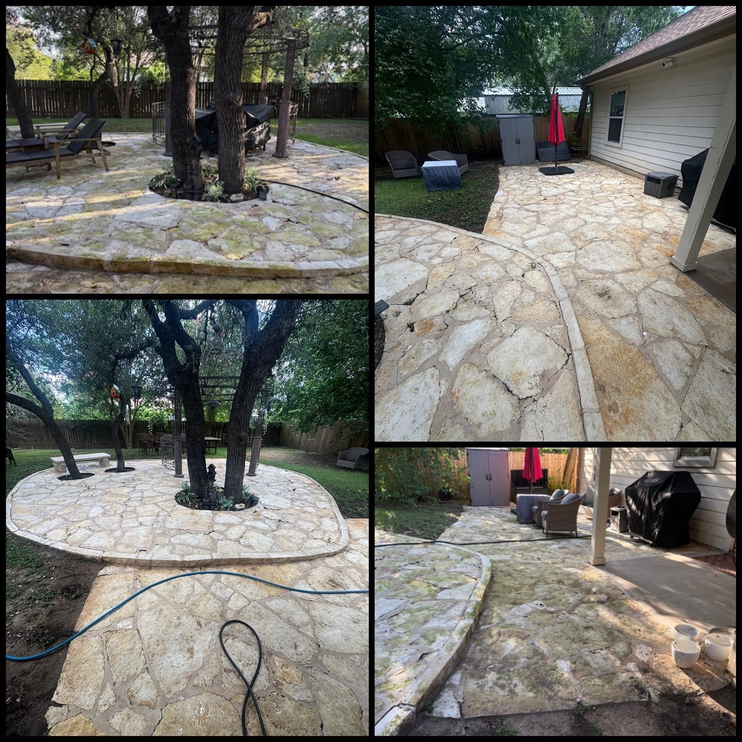 A flagstone patio covered in algae before and bright clean after professional cleaning in the Austin, TX area