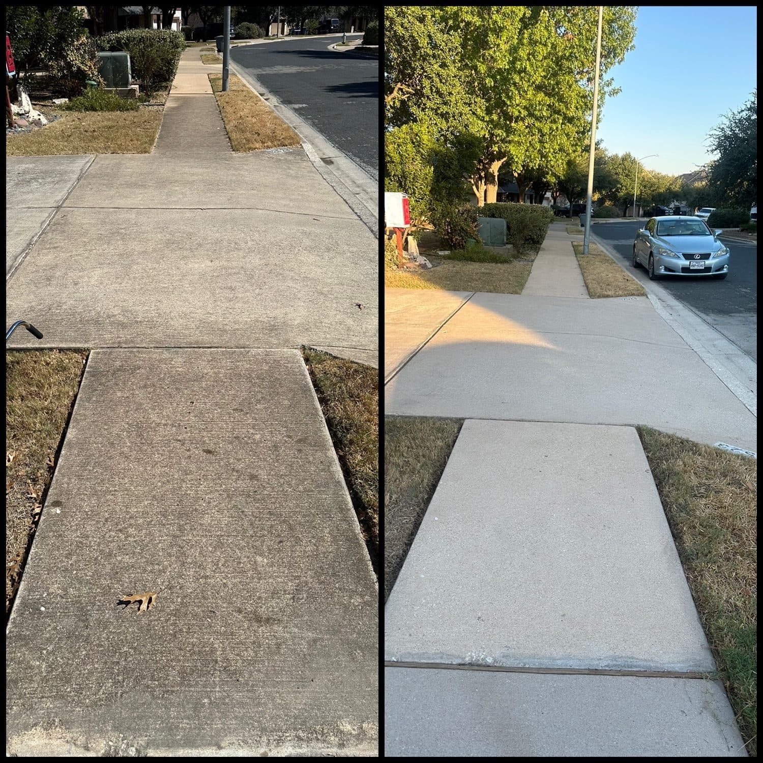 A neighborhood sidewalk dirty before and clean after pressure washing in the Austin, TX area