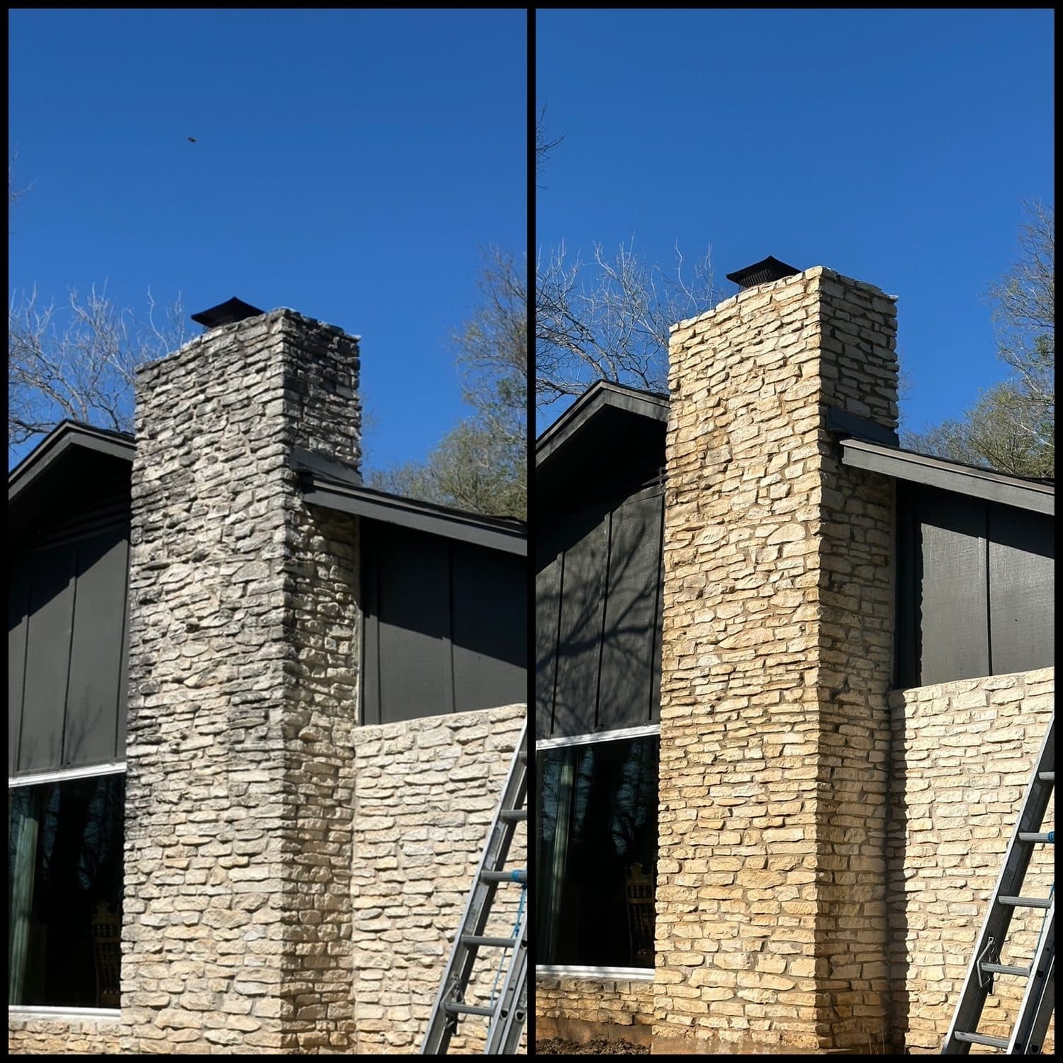 A stone chimney at the roofline before and after cleaning in the Austin, TX area