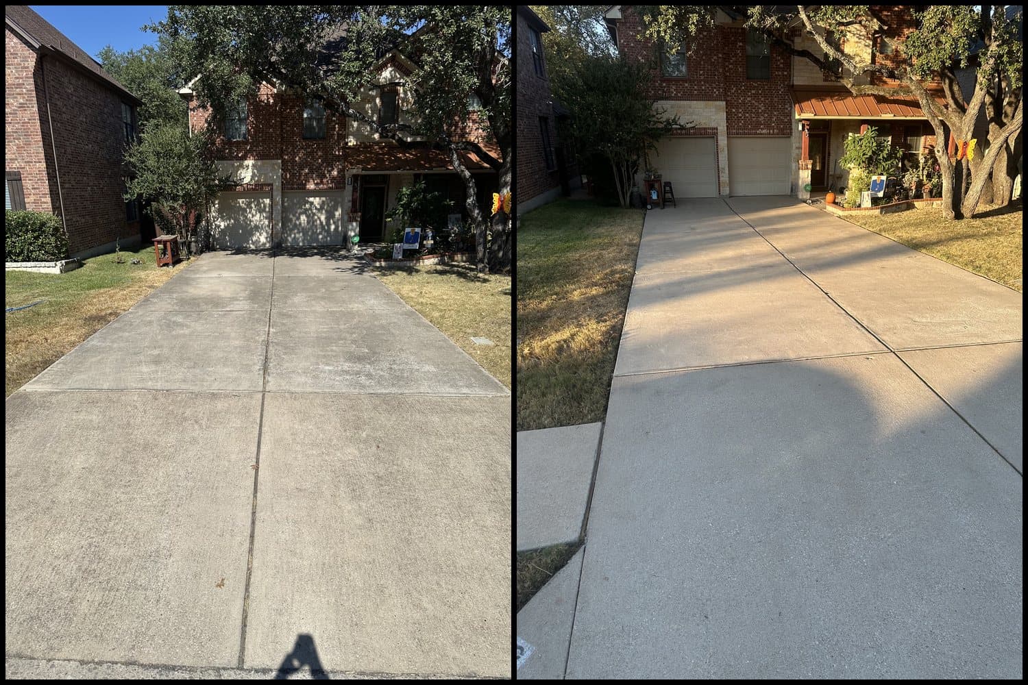 A two storey brick and limestone home in Austin, TX. On the left the concrete driveway is grey and mottled with staining before pressure washing, on the right it is an even pale colour after.