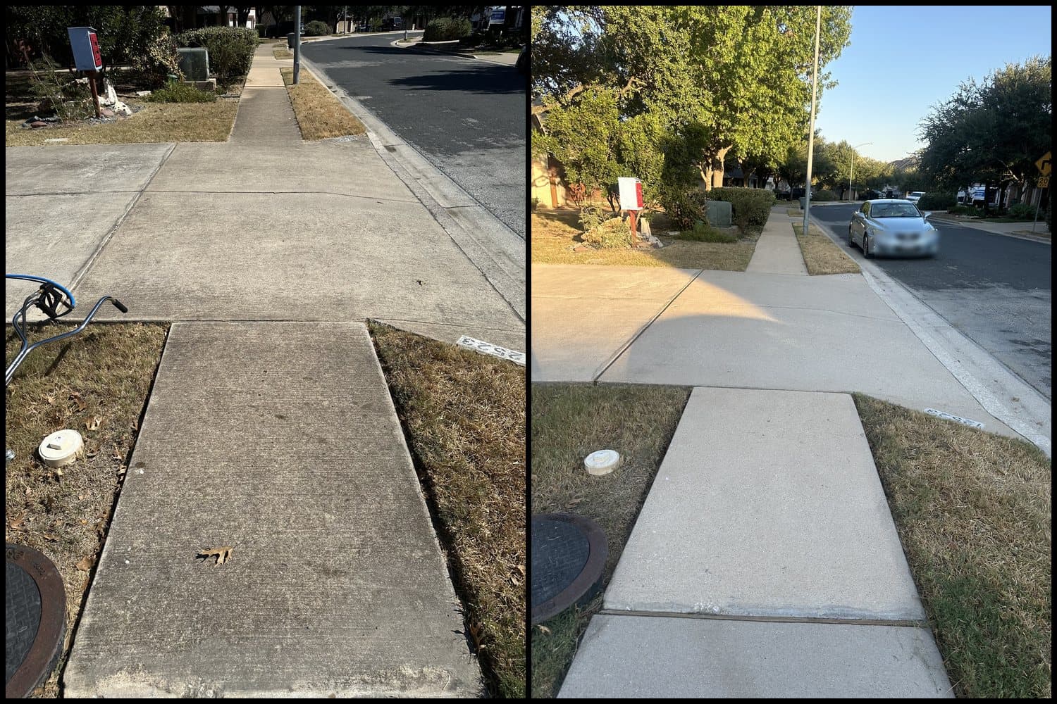 A front walkway and driveway apron in Austin, TX. On the left the concrete is dull and grey with ground in dirt before cleaning, on the right it is clean and pale after.
