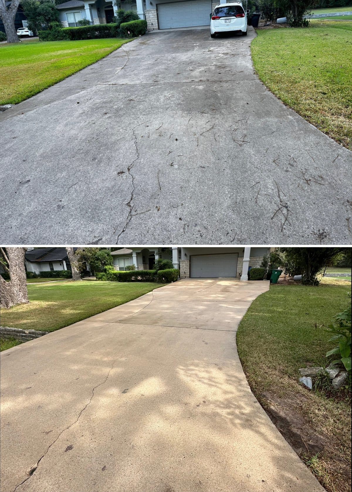 A long concrete driveway leading up to a garage in Westlake, TX. In the top photo the concrete is grey and blotchy, scattered with twigs and with a long crack running through it. In the bottom photo the same driveway is an even pale tan and clear of debris, with the crack still visible.